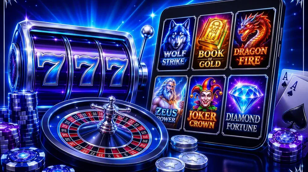 Casino-Logo und Spielautomaten-Übersicht auf Startseite