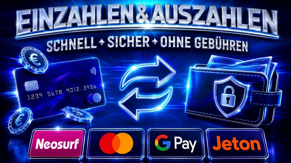 Zahlungslogos von Neosurf, Mastercard, Google Pay und Jeton